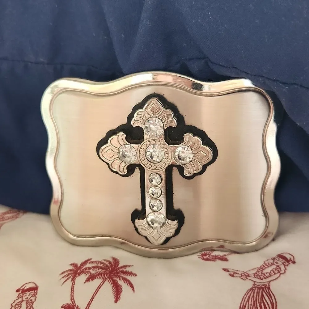 Crucifix Cross Jeweled Silver Belt Buckle NEW